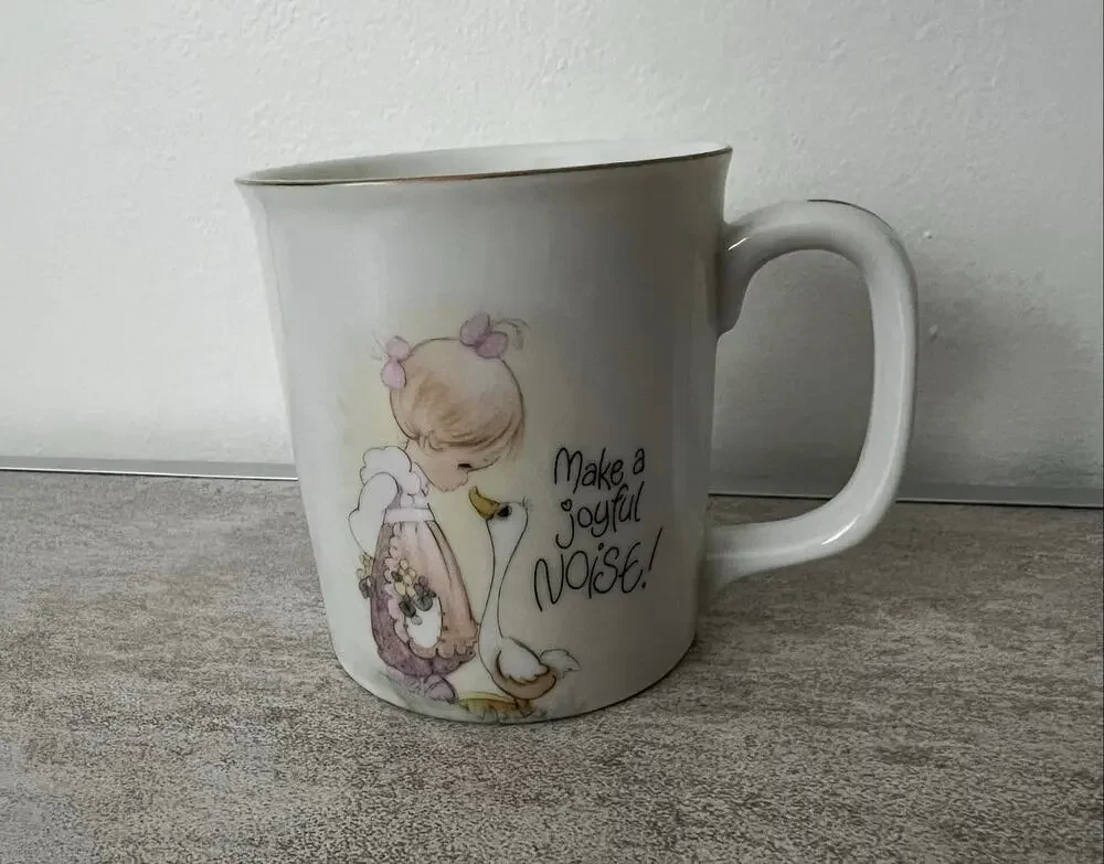 Precious Moments Enesco Make a Joyful Noise Coffee Mug Cup Girl Goose 1984 VTG